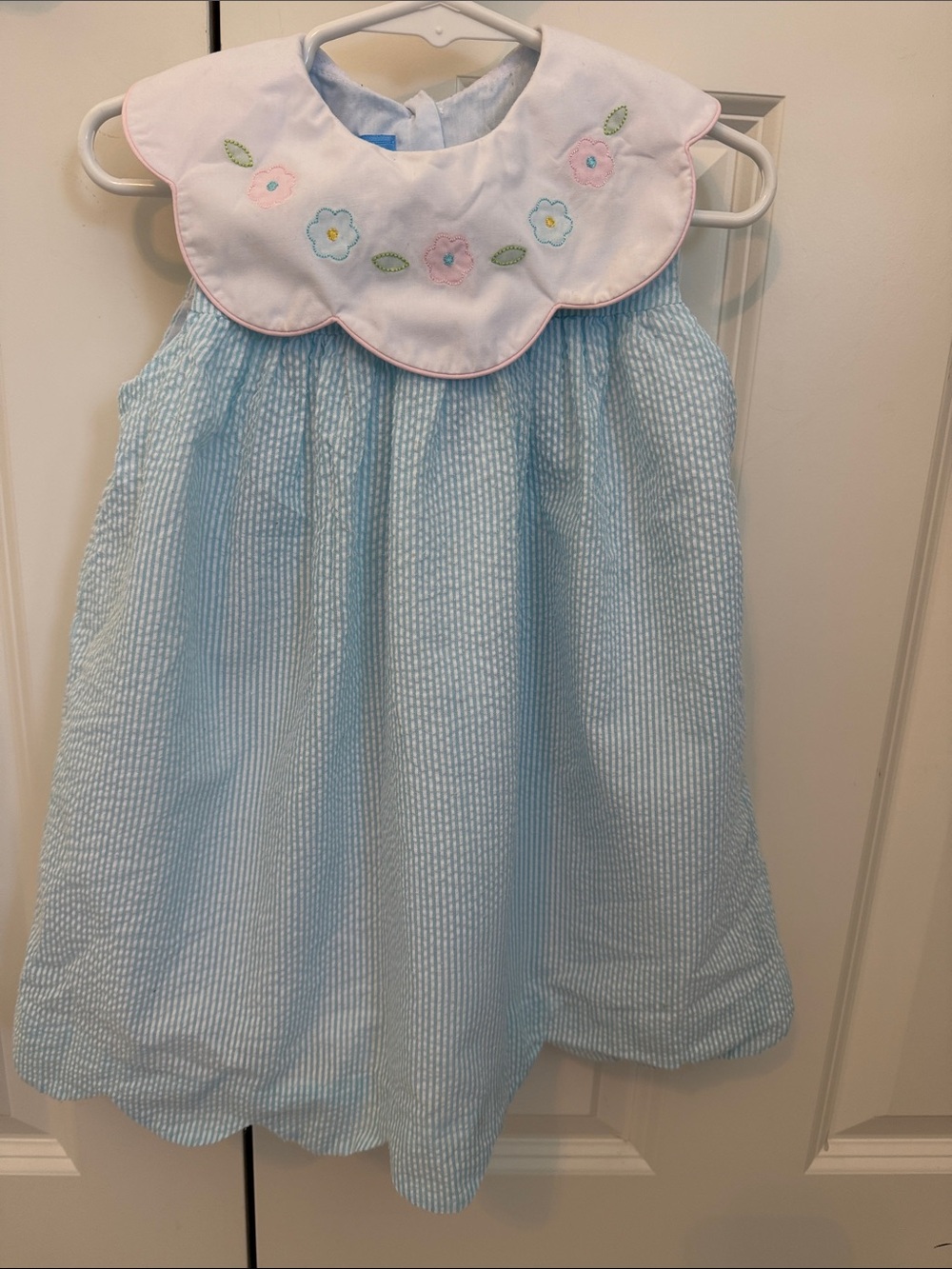 Light Blue Seersucker Dress with Embroidered White Peter Pan Collar